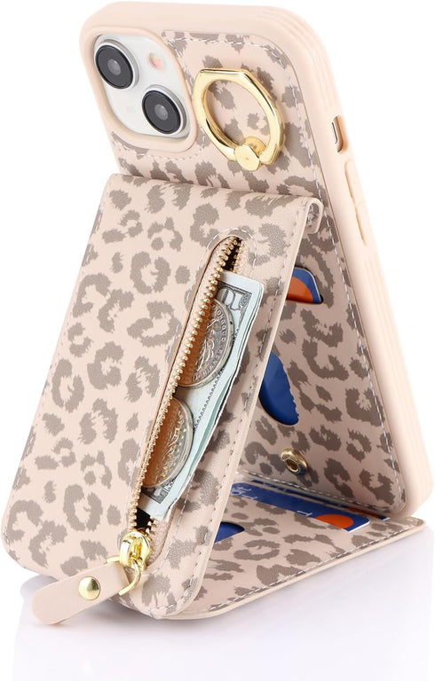 iPhone 15 Case with Card Holder for Women, iPhone 15 Phone Case Wallet with Strap Credit Card with Kickstand Zipper Case for iPhone15 - Rice Leopa...