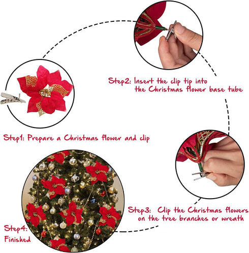 GL-Turelfies 12 Pcs Glitter Christmas Flowers(16cm/6.3’’) with 12 Pcs Clips Artificial Poinsettia Flower Christmas Tree Flower Decorations Xmas Tr...