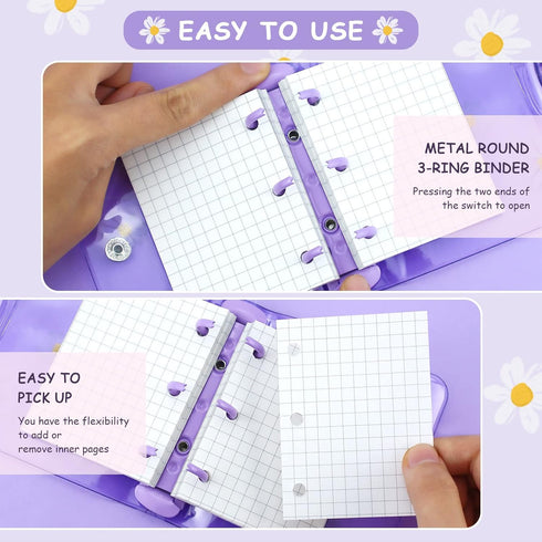 2 Sets Mini Transparent 3 Ring Binder Covers with Daisy Pattern Binder Inner Paper and Pockets Clear Soft PVC Notebook Loose Leaf Binder with Snap...