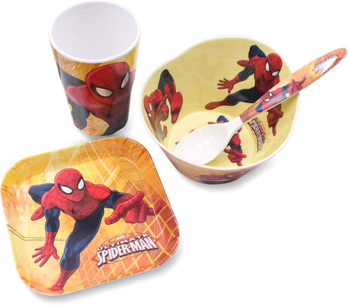 4 Pcs Set Cartoon Durable Tableware Meal Dishes Mealtime Food Feeding Eating Set includes Dinner Serving Bowl Plate Cup with a Matching Spoon and ...