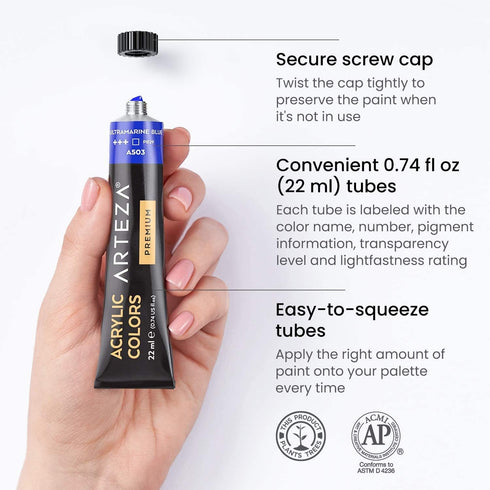 ARTEZA Acrylic Paint Set of 12 Colors/Tubes (0.74 oz, 22 ml), Rich Pigments, Non Fading, Non Toxic Artist Paints, Art Supplies for Canvas Painting...