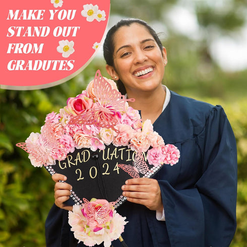 ywevyezc 58Pcs Graduation Cap Decoration kit Grad Cap Decoration Graduation Cap Faux Flowers 3D Butterfly Stickers Rhinestones Stickers kit for Gr...