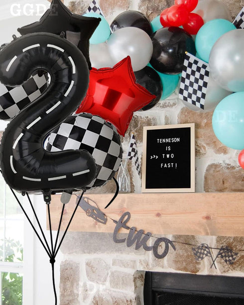 Race Car Birthday Balloons 40 Inch Racetrack Number Balloon 2 Black Boys Two Fast Birthday Race Car Theme Party Decor Supplies 5 Pcs Mylar Balloon...