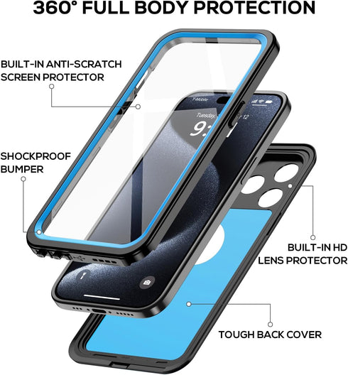 for iPhone 15 Pro Case Waterproof 6.1'', Full Protective Dustproof Shockproof Phone Case with Screen Protector for Apple iPhone 15 Pro (Blue)...