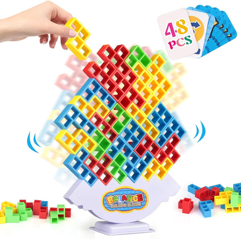 48 Pcs Tetra Tower Game, Stack Attack Family Board for 2 Players Family Games, Building Blocks Stacking Balance Games Toys for Kids, Adults, Frien...