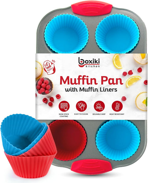 Boxiki Kitchen Non-Stick Steel 6 Cup Muffin Pan with Silicone Handles and Reusable Liners - Perfect for Baking Large Muffins and Cupcakes...