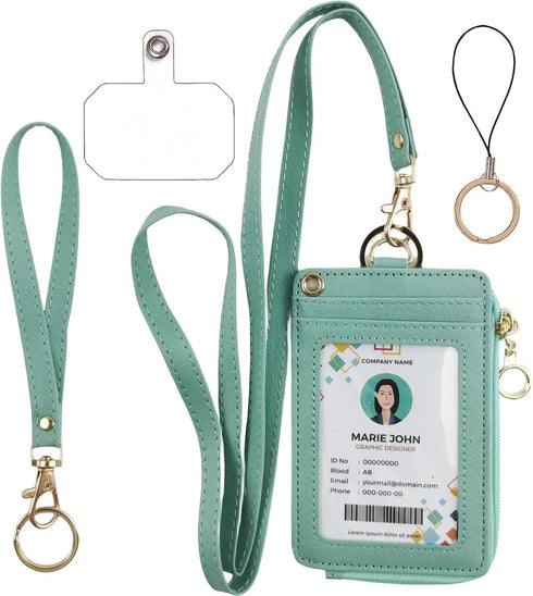 ID Badge Holder with Lanyard Wallet, PU Leather ID Badge Card Holder with 1 Clear ID Window, 4 Credit Card Slots, 1 Cash Coin Slot and Neck Lanyar...