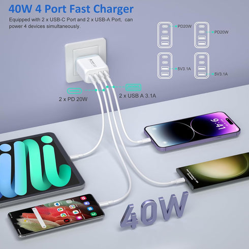 USB C Fast Charger for iPhone 15/15 Pro Max Fast Charging, 2 Pack 40W 4-Port USB C Charger Block Power Adapter with 6ft USB C Cable for iPhone 15 ...