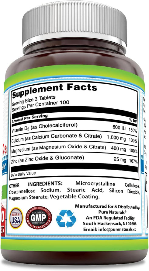 Pure Naturals Calcium Magnesium Zinc Vitamin D3 Supplement | Calcium 1000mg, Magnesium 400mg, Zinc 25mg, Vitamin D3 600 IU | Non-GMO | Gluten Free...