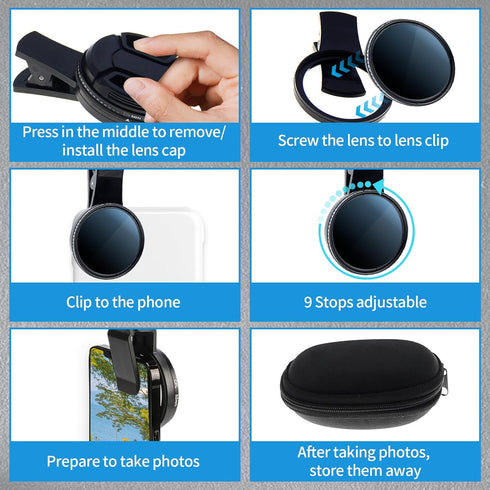 52MM Clip-on ND2-ND400 Phone Lens Filter, Ultra Slim Phone Camera Lens Filter Compatible with iphone 15 Pro Max 14 13 12 11, Smart Phones, Adjusta...