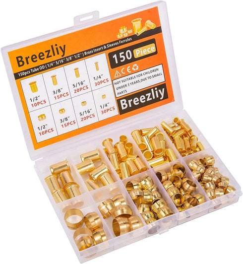 150PCS Tube OD?1/4" 5/16" 3/8" 1/2") Brass Compression Sleeves Ferrules & Insert,4 Sizes Brass Compression Fitting Assortment Kit...