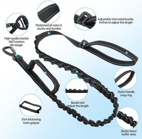 Thickened all-nylon large leash, 51 "to 37" adjustable leash, quick release leash, Shock absorbing dog leash, 2 handle leash, bungee dog leash, el...