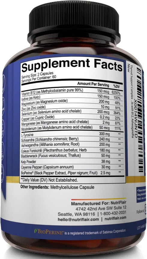 NutriFlair Thyroid Support Complex, 120 Capsules - with Iodine, Black Pepper, Ashwagandha, Vitamin B12 - Thyroid Supplement for Women and Men...