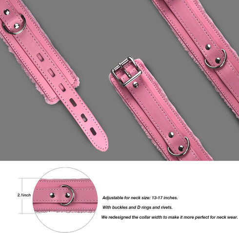Gothic Leather Choker Collar, PU leather Fur Lined Collars Necklace with Long and Durable Detachable Leash Chain Pet Collars, Pink...