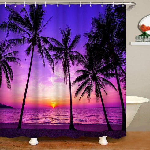 Sunset Beach Shower Curtain Tropical Palm Tree Landscape Waterproof Fabric Curtains for Bathroom Decor with 12 Hooks 72x72 Inches...