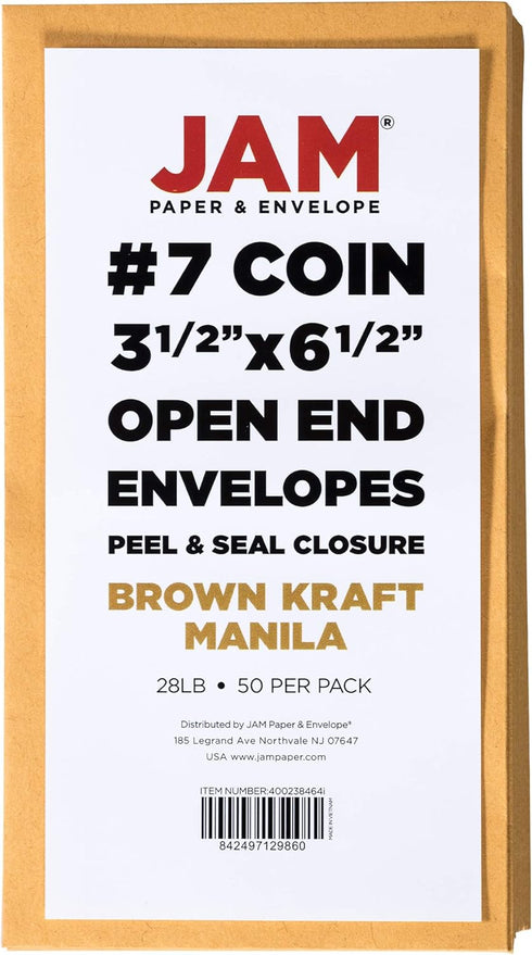 JAM PAPER #7 Coin Business Envelopes with Peel and Seal Closure - 3 1/2 x 6 1/2 - Brown Kraft Manila - 50/Pack...