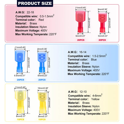Twidec/100PCS Nylon Spade Connectors Kit 22-10 Gauge Male and Female Wire Spade Terminal Quick Disconnect Fully Insulated Wire Crimp Connector for...