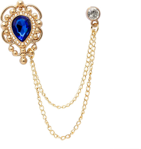 AN KINGPiiN Men's Stone Detailing with Engraving Metal Crystal Chain Brooch (Gold-Blue)...