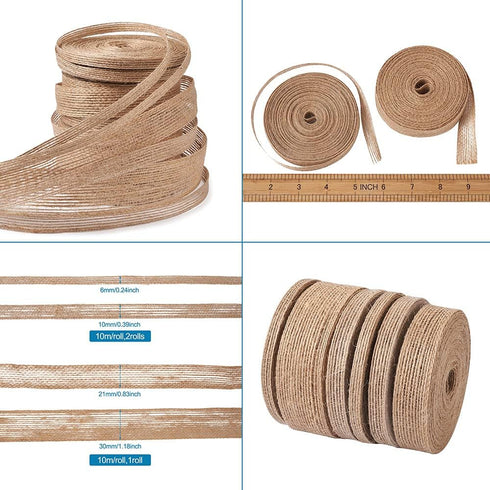 Pandahall 6 Rolls Natural Burlap Fabric Ribbon 10m/roll Jute Linen Ribbon Rolls 3/8, 1-1/4, 7/8 inch for Party Decoration DIY Crafts Making (Tan)...