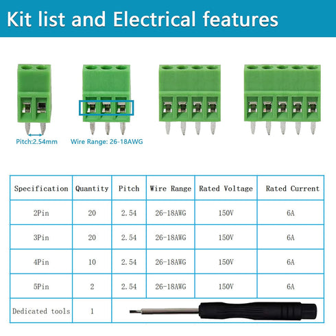 52PCS 2.54mm 0.1" Pitch PCB Mount Screw Terminal Block Connector, Minidodoca 2P 3P 4P 5P Terminals 150V 6A for 26-18AWG Cable?Equipped with Specia...