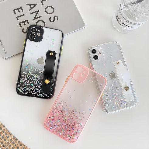 siduater Strap Holder Case for 6.1" iPhone 12 with Wristband Kickstand, Bling Glitter Sparkle Clear Cover Soft TPU Bumper Adjustable Hand Grip Loo...