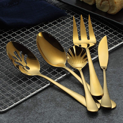 Berglander Stainless Steel Titanium Plated Flatware Serving Set, 6 Pieces, 5 Serving Sets of 45 Pieces Flatware With 1 Cake Server, Shiny Golden S...