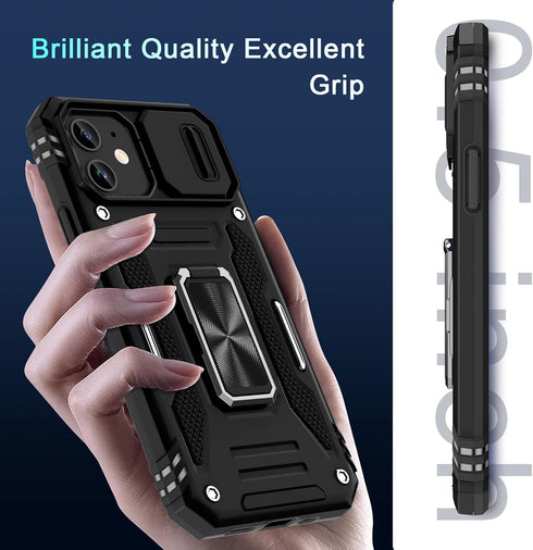 DEERLAMN for iPhone 11 Case with Slide Camera Cover+Screen Protector(2 Packs),Rotated Ring Kickstand Military Grade Shockproof Protective Cover-Bl...