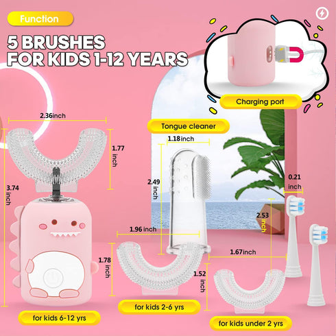 Toddler Toothbrush, U Shaped Toothbrush Kids w/ 5 Brush Heads, 3 Clean Modes, IPX7 Waterproof 360 Kids Electric Toothbrushes 60s Smart Reminder, S...