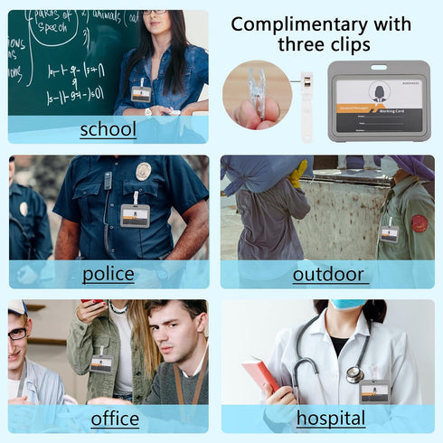 ID Badge Holder with Plastic Clip, Double-Sided Transparent Windows Horizontal Hard Grey Plastic Case Waterproof Card Holder for Office School ID ...