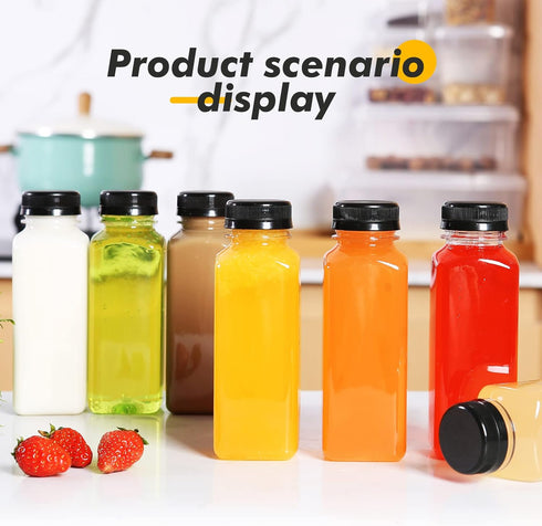 MANSHU 10 OZ Plastic Juice Bottles, Reusable Bulk Beverage Containers, with Black Tamper Evident Lids for Juice, Milk and Other Beverages 10Pcs....