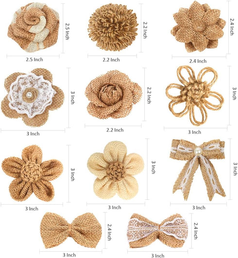 LEOBRO 33PCS Handmade Burlap Flowers Set, 8 Styles Natural Rustic Burlap Flowers & 3 Styles Craft Burlap Lace Pearl Bowknot Great for Wedding Home...