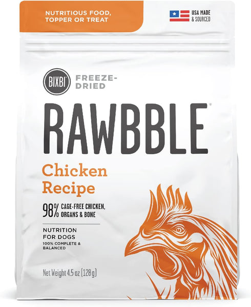 BIXBI Rawbble Freeze Dried Dog Food, Chicken Recipe, 4.5 oz - 98% Meat and Organs, No Fillers - Pantry-Friendly Raw Dog Food for Meal, Treat or Fo...