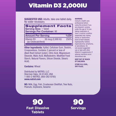 Natrol Fast Dissolve Vitamin D3 2,000 IU, Dietary Supplement for Bone and Joint Health, Bone Support Supplement, 90 Tablets, 90 Day Supply...