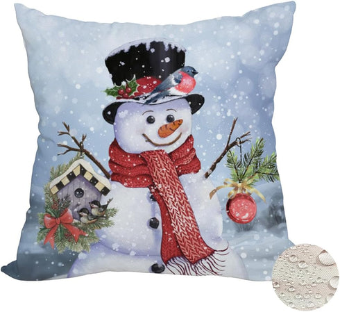 Outdoor Waterproof Christmas Snowman Winter Throw Pillow Cover 20x20 Inch Double Sided Birds Mistletoe Holly Fir Snow Holiday Xmas Home Decor Pill...