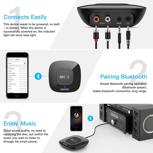 esinkin Bluetooth Receiver Wireless, NFC-Enabled Audio Adapter 4.0 for HD Home Stereo Music Streaming Sound System for 3.5mm (AUX and RCA)...