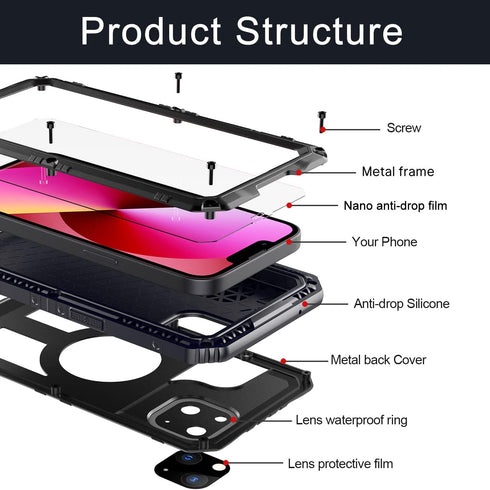 Marrkey Waterproof Case for iPhone 14, Heavy Duty Durable Metal Full Body Built-in Screen Protection Case Shockproof Dustproof Rugged Military Gra...