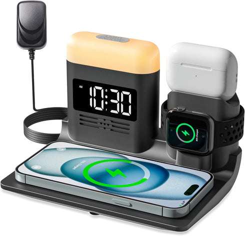 Wireless Charging Station for Apple Devices, 5 in 1 Wireless Charger Stand with Alarm Clock and Light, Charging Dock for iPhone 15 14 13 12 11 X P...
