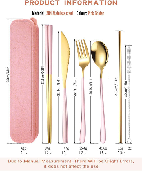 AARAINBOW 6 Pieces 18/8 Stainless Steel Flatware Set Portable Reusable Cutlery Set Travel Utensils Set Including Chopsticks Knife Fork Spoon Straw...