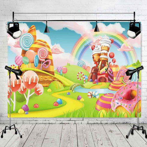 Qian Lollipop Backdrops Cartoon Candy Photo Rainbow Studio Props Booth Baby Birthday Party Photography Background Vinyl 5x3FT ly020...