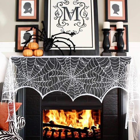 AerWo Halloween Decorations Indoor Fireplace Mantel Scarf, White Lace Spiderweb Fireplace Cover for Halloween Mantle Decor Festive Party Supplies,...