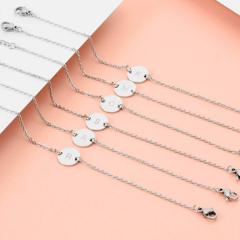 Stainless Steel Initial Bracelet Delicate Coin Letter Bracelet Dainty Small Disc Name Bracelet Personalized Monogram Charm Bracelet for Women...