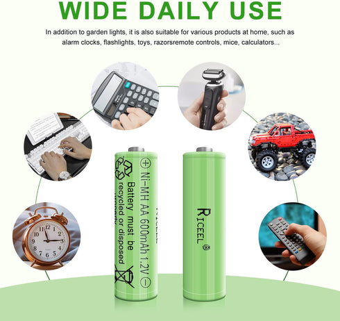 Rechargeable AA Batteries for Solar Lights 600mAh Double AA Battery 1.2V AA Rechargeable Batteries Solar Battery Batteries AA Size Garden Lights, ...
