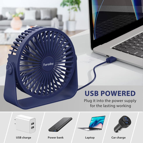 FARADAY USB Desk Fans 5 Inches Portable Table Fans 360° Head Rotation Small Personal Desktop Fan for Home Office, 3 Speeds, Navy Blue...