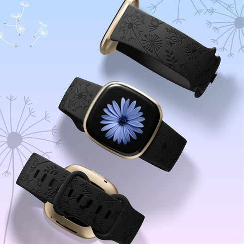 Flower Engraved Bands Compatible with Fitbit Sense Bands/Fitbit Versa 4/Fitbit Versa 3/Sense 2 1 Band for Women,Cute Fancy Dandelion Floral Wristb...