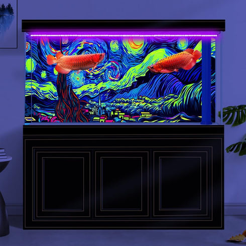 48X24IN Blacklight Vincent Van Gogh Black Light Aquarium Background, UV Fish Tank Background Art Star Oil Painting Terrarium Background with 10 EV...