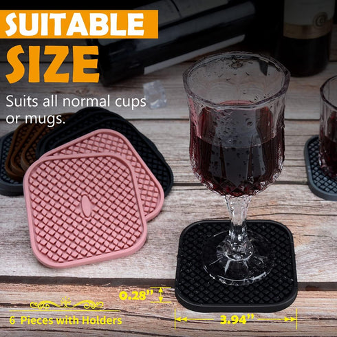 IYYI Silicone Coasters Set of 6, Drink Coasters with Holder, Non-Slip Cup Mat, Deep Tray Absorbent Coaster, Heat Resistant Countertop Protection (...
