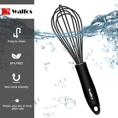 Silicone Whisk Set, Walfos 8.5''+10''+12'' Balloon Whisk and 6.7'' Mini Whisk Set for Blending Beating Stirring and Kitchen Cooking?Black?...