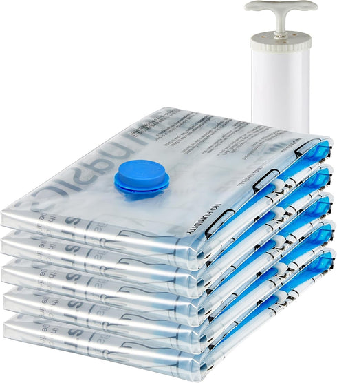 Amazon Basics Vacuum Compression Zipper Storage Bags With Hand Pump, Medium, Clear, 5-Pack, White, Sky Blue...