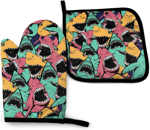 Angry Ocean Shark Oven Mitts and Pot Holders Insulated Gloves & Kitchen Counter Safe Mats for Cooking BBQ Baking Grilling (2-Piece Set)...