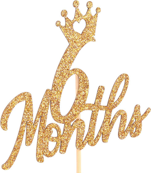 Gold Glittery 6 Months Cake Topper for Baby's Half Year Old Birthday Party, 1/2 Birthday, First Birthday, Baby Shower, Half Year Anniversary Party...